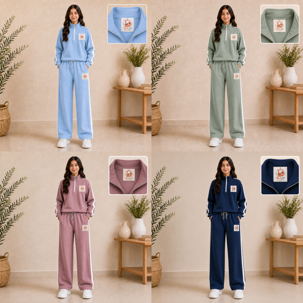 Four women modeling matching tracksuits in different colors: light blue, sage green, dusty pink, and navy blue. Each model is shown full length wearing the outfit, with inset close-ups of the inner collar and pocket area of the sweatshirt in the top-right and top-right of each panel.